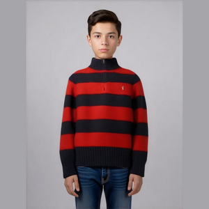 Polo Ralph Lauren Boy's Size 6 Navy & Red Stripe 3/4 Zip Knit Preppy Sweater